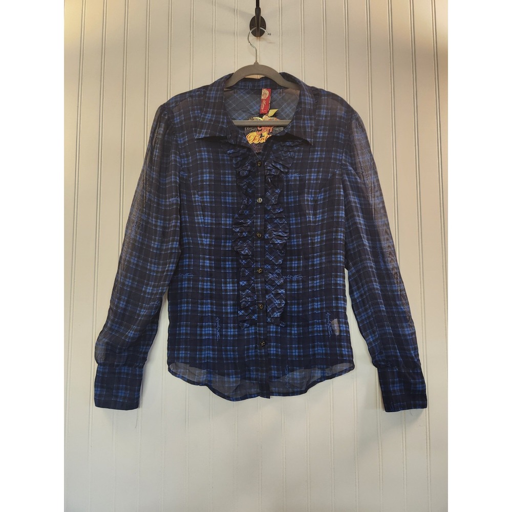 NEW Apple Bottom Women's Blue Plaid Sheer Chiffon Ruffle Front Blouse Size XL
